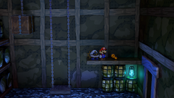 Mario near the Grotto Key in Pirate's Grotto of Paper Mario: The Thousand-Year Door for Nintendo Switch.