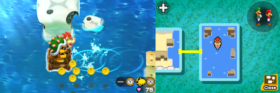 Bowser near 6 Coins in Plack Beach of Mario & Luigi: Bowser's Inside Story + Bowser Jr.'s Journey.