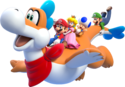 Artwork of Plessie with the four playable characters, from Super Mario 3D World.