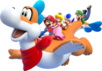 Artwork of Plessie with the four playable characters, from Super Mario 3D World.