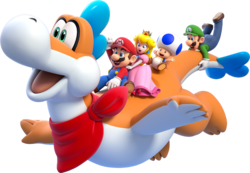 Artwork of Plessie with the four playable characters, from Super Mario 3D World.