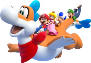 Artwork of Plessie with the four playable characters, from Super Mario 3D World.