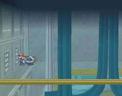 Mario near the L Emblem badge in Poshley Sanctum of Paper Mario: The Thousand-Year Door.