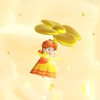 Daisy riding a golden Propeller Flower in the level Bonus: Coins Galore!