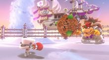 Mario fighting Bowser in the Cloud Kingdom.