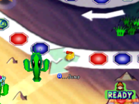 Daisy preparing to jump over the cacti in Spiny Desert from Mario Party 3