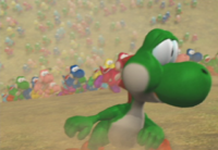 A lot of Yoshis stampeding in the Super Smash Bros. Melee opening.