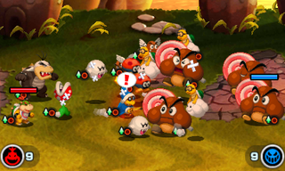 Screenshot of a battle at the Beware Big Eaters quest in the Bowser Jr.'s Journey mode of Mario & Luigi: Bowser's Inside Story + Bowser Jr.'s Journey.