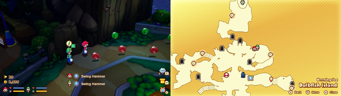 Mario and Luigi near 7 L Coins and 7 M Coins on Bulbfish Island of Mario & Luigi: Brothership.