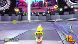 Characters dancing on the Electrodrome course in Mario Kart 8