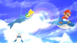 Mario and friends riding on Dolphins in the intro to Ring Leader.