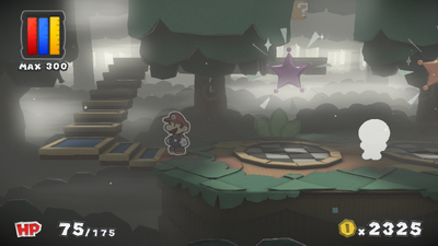 Mario in front of the revealed stairs in Mossrock Theater of Paper Mario: Color Splash.