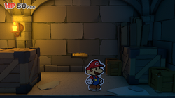 Mario in front of two crates containing a Coin each in Princess Peach's Castle of The Origami King.