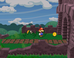 Mario getting a Coin from a bush in the eastern part of Petal Meadows of Paper Mario: The Thousand-Year Door.