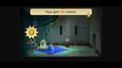 Mario getting 30 Coins from Merlee in Rogueport Underground of Paper Mario: The Thousand-Year Door for Nintendo Switch.