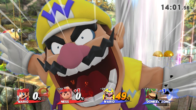Wario hitting the screen in Super Smash Bros. for Wii U.