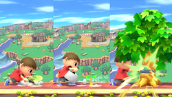Screenshot of the three-step process of Villager's tree growing move, from Super Smash Bros. for Wii U