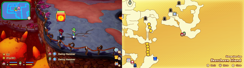 Mario and Luigi under the Coin Competition Block on Skorcheen Island of Mario & Luigi: Brothership.