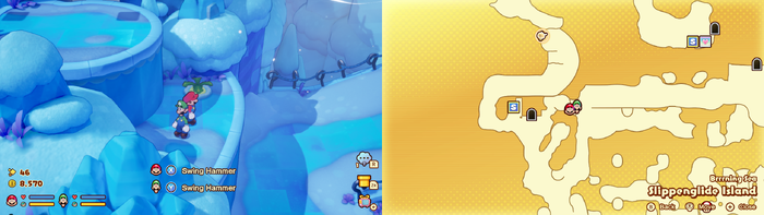 Mario and Luigi near a Grampy Turnip on Slippenglide Island from Mario & Luigi: Brothership.