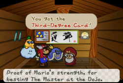 Mario receiveing a Third-Degree Card from Master in Toad Town of Paper Mario.