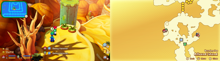 Mario and Luigi near 2 Plug Radishes containing 10 Coins on Allsand Island of Mario & Luigi: Brothership.
