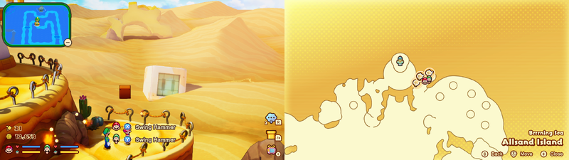 Mario and Luigi near 3 Sprite Bulb Nests on Allsand Island of Mario & Luigi: Brothership.