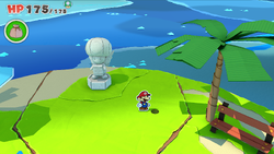 Mario standing near a hole containing a Shiny Ice Flower on Club Island of The Origami King.