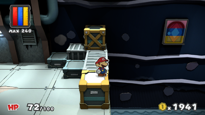 Mario in front of the unrevealed platform in Fort Cobalt of Paper Mario: Color Splash.