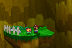 Mario finding a Fire Flower high above the trampoline in the area behind Goomba Village of Paper Mario.