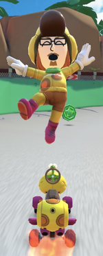 The Wiggler Mii Racing Suit performing a trick.