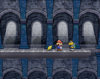 Mario getting the Star Piece on the wall ledge in Hooktail Castle in Paper Mario: The Thousand-Year Door.