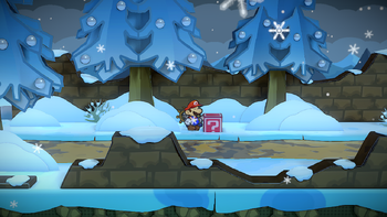 Only block in the Path to Fahr Outpost in the remake of Paper Mario: The Thousand-Year Door for the Nintendo Switch.