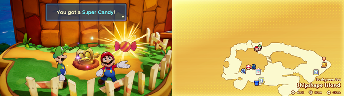 Mario and Luigi getting a Super Candy from the Golden Grampy Turnip on Shipshape Island from Mario & Luigi: Brothership.