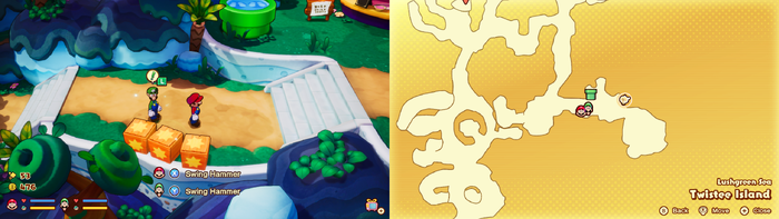Mario and Luigi near wooden crates containing a Five Coin on Twistee Island of Mario & Luigi: Brothership.