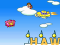 A flying man, Dribble's taxi, and Orbulon's Oinker above the Hawt House