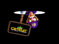 Waluigi holds the Camelot sign.