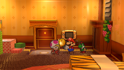 Mario getting Coins from Jolene after the rematch with Rawk Hawk in Glitz Pit of Paper Mario: The Thousand-Year Door for Nintendo Switch.