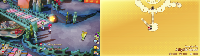 Mario and Luigi near a Sprite Bulb Nest on Jellyfish Island of Mario & Luigi: Brothership.