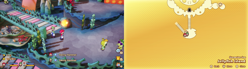 Mario and Luigi near a Sprite Bulb Nest on Jellyfish Island of Mario & Luigi: Brothership.