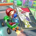 Baby Mario gliding in the Turbo Yoshi with the Baby Mario Hanafuda