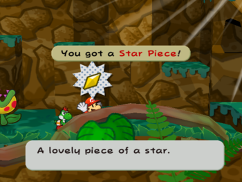 Mario getting the Star Piece behind a trunk in the jungle area of Keelhaul Key in Paper Mario: The Thousand-Year Door.