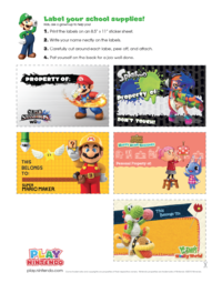 Printable labels branded with various Wii U games, such as Super Smash Bros. for Wii U, Yoshi's Woolly World, Splatoon, Super Mario Maker, and Animal Crossing: Happy Home Designer