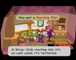 Mario getting the Routing Slip from Kroop in Petalburg of Paper Mario: The Thousand-Year Door.