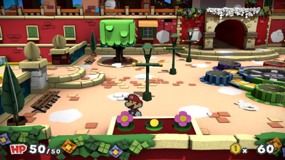 Mario in the left of lower red district, around objects containing Coins in Port Prisma of Paper Mario: Color Splash.