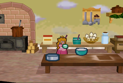 Princess Peach finding Sugar in the kitchen of her castle of Paper Mario.