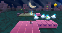A screenshot of Mario riding a Snake Block in the Boo Moon Galaxy.