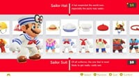 The menu of a closet in Super Mario Odyssey, with hats completed and suits not. This is true even though both values are 50, because of the special hats and suits.