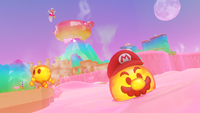 E3 2017 screenshot of Mario controlling a Lava Bubble in the Luncheon Kingdom of Super Mario Odyssey.