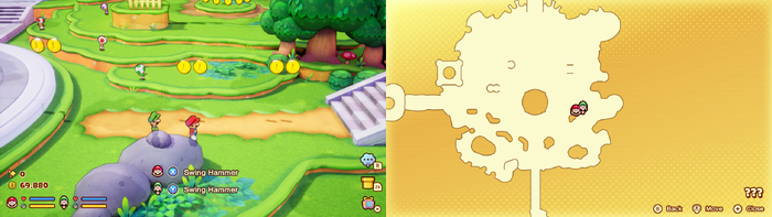 Mario and Luigi near 6 Coins in the illusionary Mushroom Kingdom area of Soli-Tree of Mario & Luigi: Brothership.