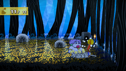 Mario getting a Coin from a bush in The Great Tree of Paper Mario: The Thousand-Year Door for Nintendo Switch.